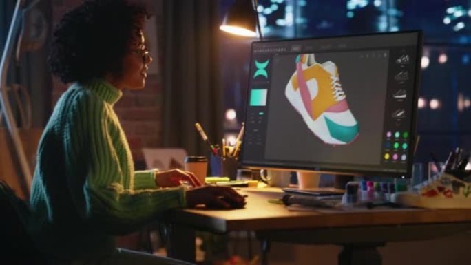 黑人女性艺术总监在家里的台式电脑上工作时检查鞋子的3d模型。艺术家女孩在特别节目中进行可视化。平面设