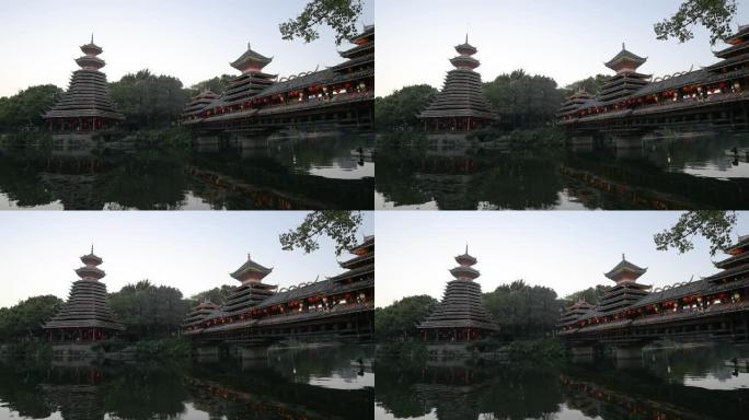 中国贵州黔东南的东祖风雨桥和东寨鼓楼