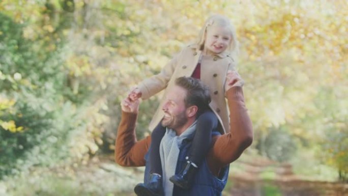 父亲玩游戏在秋天的乡村中背着女儿在家庭中沿着轨道行走
