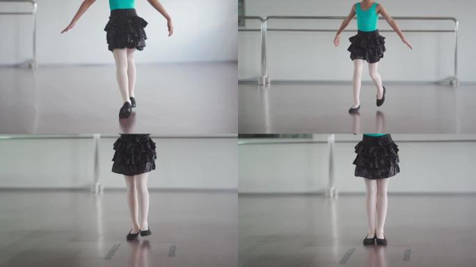 低段亚洲中国年轻女孩在舞蹈工作室练习踢踏舞