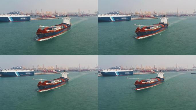 离开海洋出口港的集装箱船的航拍