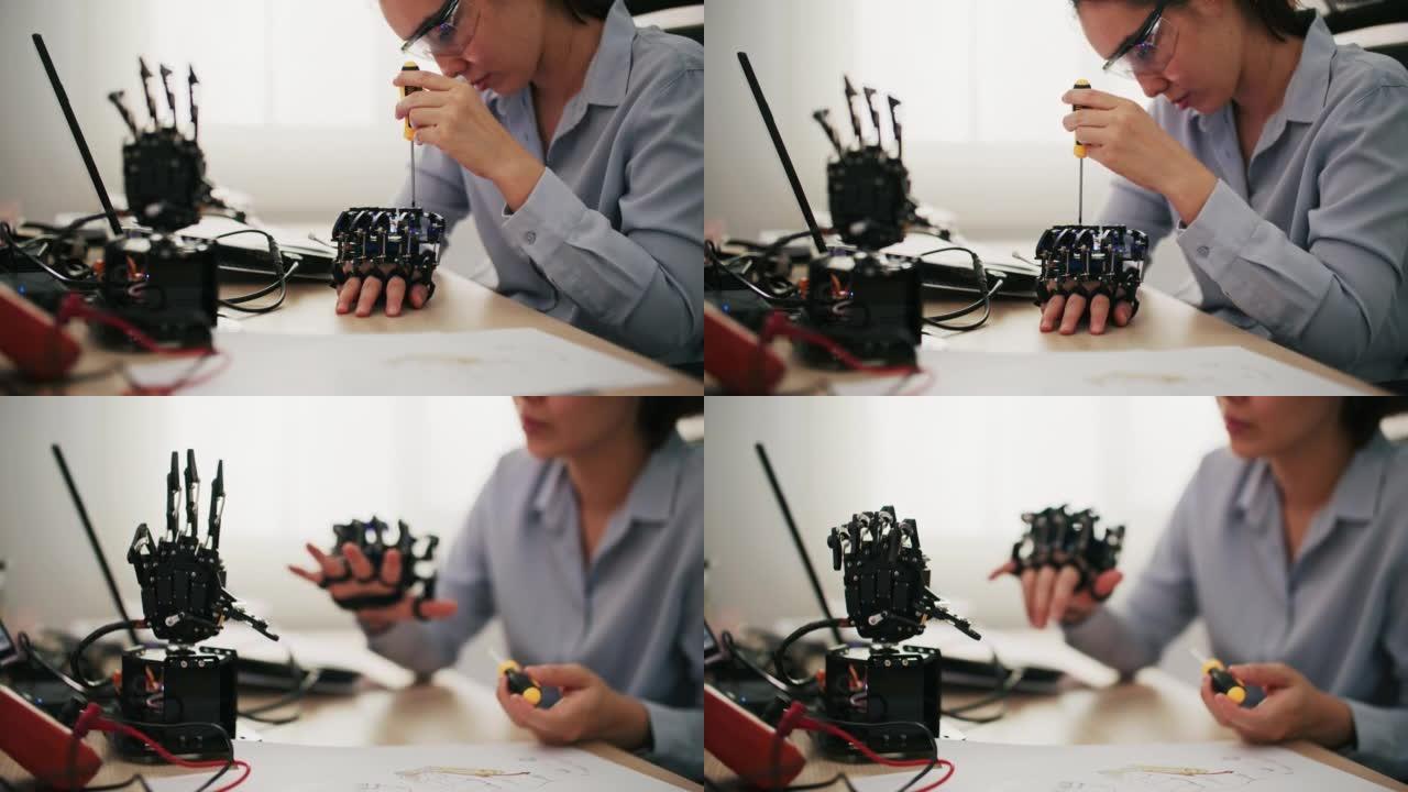 电子工程师与机器人检查电压和程序响应时间