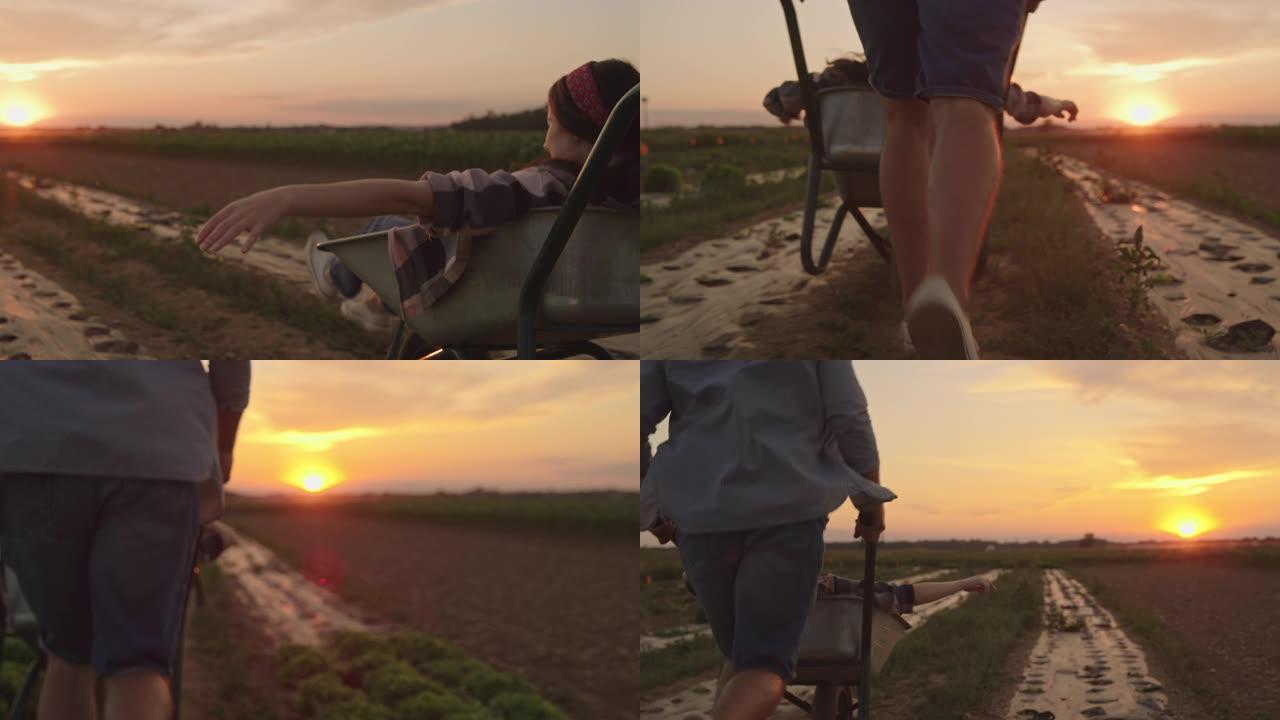 SLO MO女人喜欢在日落时分在野外骑独轮车