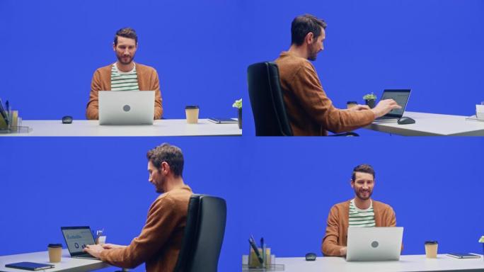 绿屏办公室背景: 白人商人坐在他的办公桌前，在笔记本电脑上工作。白人从事大数据电子商务分析。360度