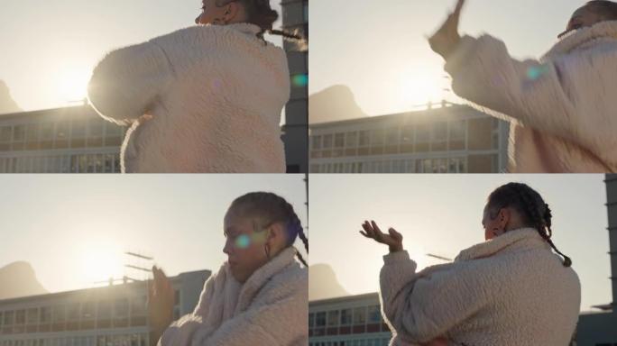 女人在屋顶上跳舞在日落时表演嘻哈舞蹈风格在城市玩得开心自由式舞者