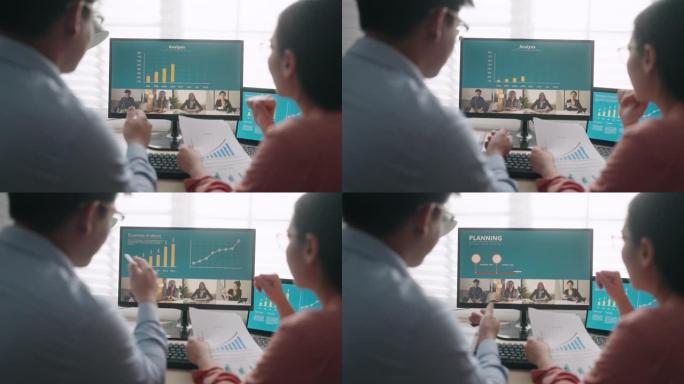 两名业务人员在与办公室团队的视频会议中讨论屏幕上的财务图表报告