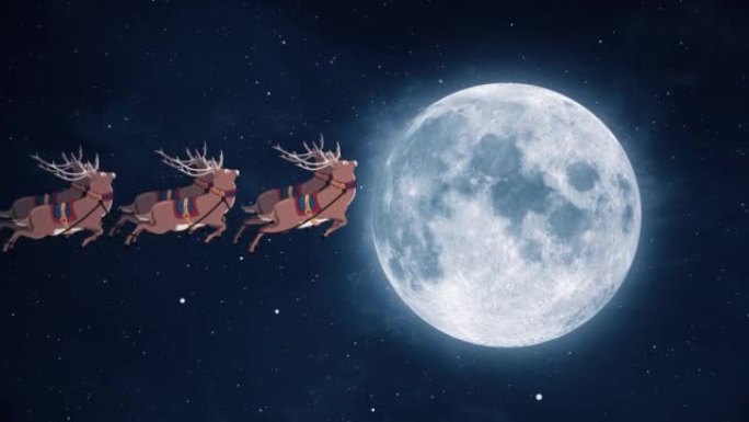 圣诞老人和驯鹿一起圣诞快乐。新年的概念，礼品盒，月亮，问候，动物雪橇，鹿，节日，贺卡，人物动画，童话
