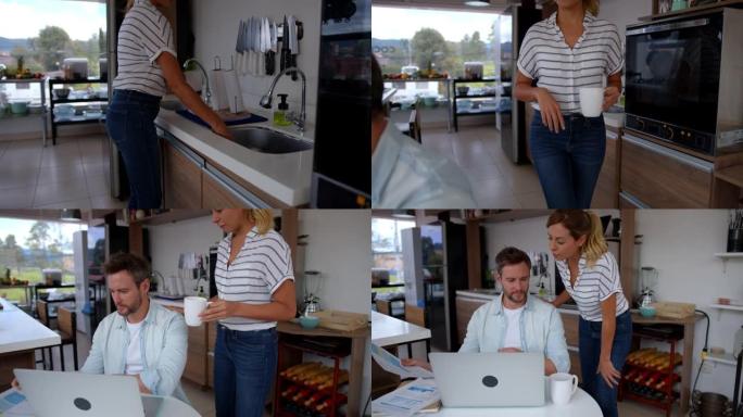 充满爱心的妻子正在为伴侣准备咖啡，而他正在制作笔记本电脑广告，在家中查看一些文件