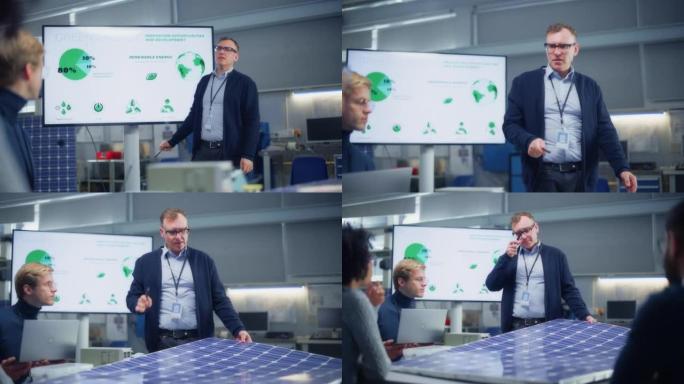 男性工程师指向投影屏幕，谈论绿色能源和太阳能电池板的未来可能性。工程与可持续能源教育理念。慢动作