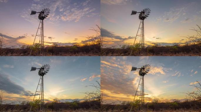 WS延时风车日落天空下，纳米比亚，非洲