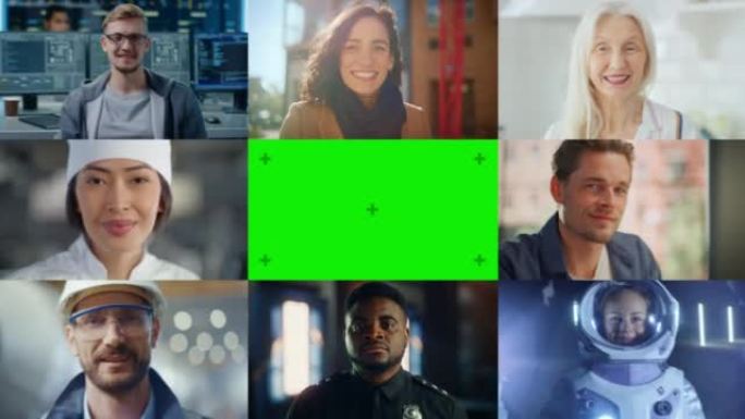 绿色色度键屏幕放大一个蒙太奇的多民族人群与不同的性别，种族看着相机。收集编辑拼贴的快乐肖像