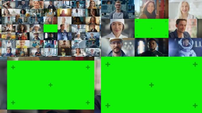 绿色色度键屏幕放大一个蒙太奇的多民族人群与不同的性别，种族看着相机。收集编辑拼贴的快乐肖像