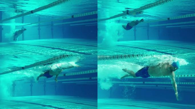 水下射击: 适合肌肉发达的游泳者潜水，在游泳池里跑圈。英俊的职业运动员以极快的速度游泳。准备创造世界