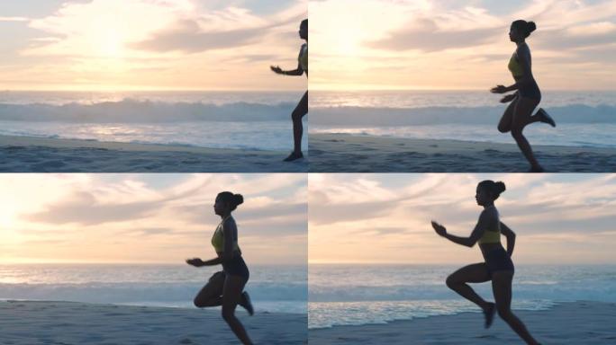 夏季日落时，运动，活跃和运动的女性在海滩上跑步，训练和锻炼。一位年轻，健康且快速的黑人女性短跑，慢跑