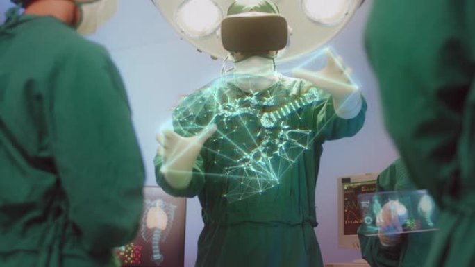 创新和医疗技术理念，外科医生团队使用高科技现代虚拟现实模拟器接口与全息诊断呼吸系统在手术室