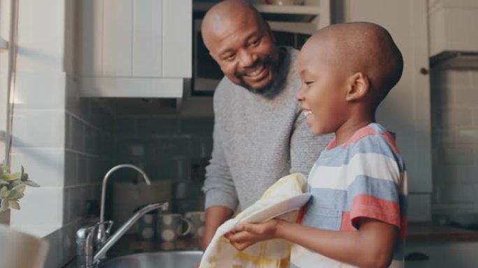 一个英俊的成熟男人和他的儿子在家洗碗的4k视频片段