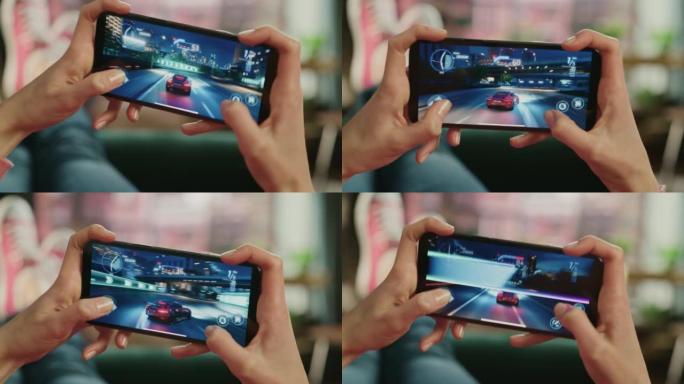 女性在家里的沙发上放松，在智能手机上玩交互式赛车漂移视频游戏。玩家躺在客厅的沙发上。关闭移动设备屏幕