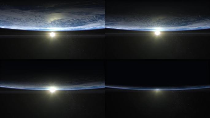 地球上空的日落。从太空看。地球缓慢旋转。体积云。从下面日落。星空。4K. 3d渲染。星星闪烁。