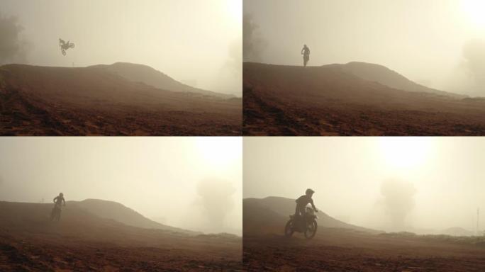 自行车司机山地跳跃，摩托车人和沙漠、灰尘和泥沙上的极限运动。专业越野摩托车动作赛车手、快速摩托车比赛