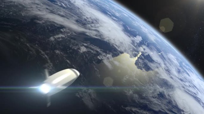 一枚高超音速核导弹击中地球。从太空看。火箭飞行并旋转。高超音速武器。核战争。4K. 3D动画。