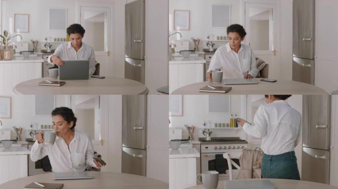 美丽的女人在厨房使用笔记本电脑检查电子邮件信息喝咖啡离开工作4k镜头