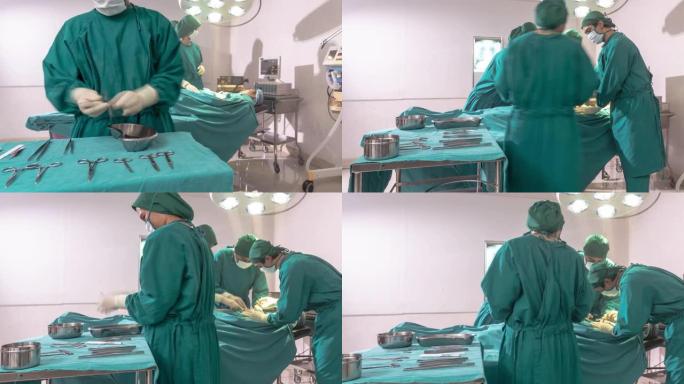 4K UHD Dolly右放大延时: 一组外科医生在医院手术室为冠状病毒新型冠状病毒肺炎患者做胸部手