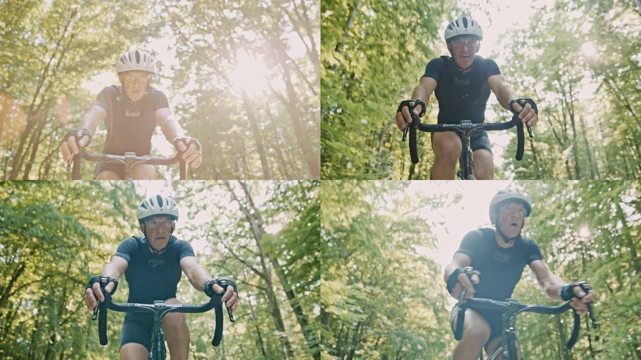 SLO MO专业自行车手在阳光明媚的日子骑自行车穿越森林