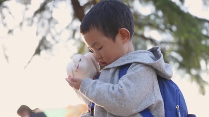 小男孩在公园喂一群鸽子