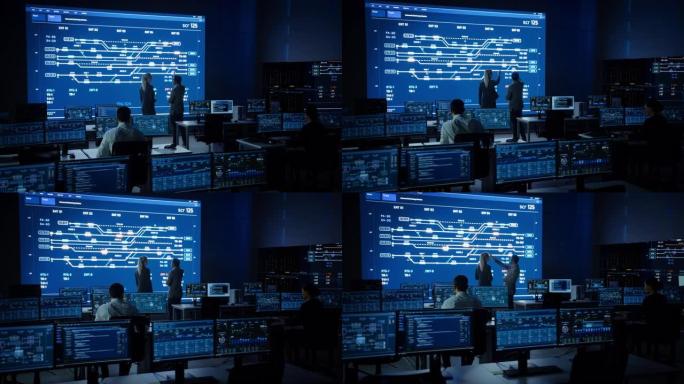 项目经理和计算机科学工程师在使用大屏幕显示基础设施信息图表和数据时交谈。电信公司系统控制和监控室