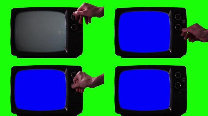 男性手打开绿色背景上蓝屏的复古电视。