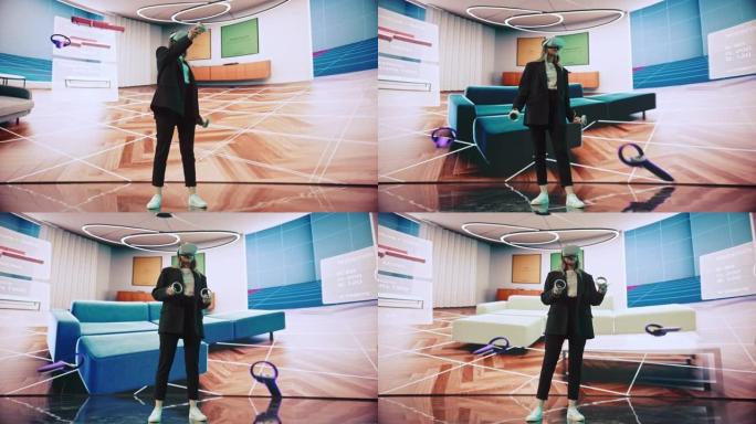 室内设计师使用VR软件设计生活空间。改变沙发的颜色，在大数字屏幕上的互动环境中移动家具。使用耳机和控