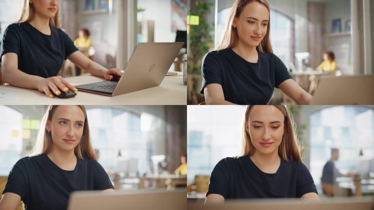 特写一位在创意机构工作的美丽经理的肖像，在笔记本电脑上编写公司营销战略计划。创意专家微笑着，很高兴她
