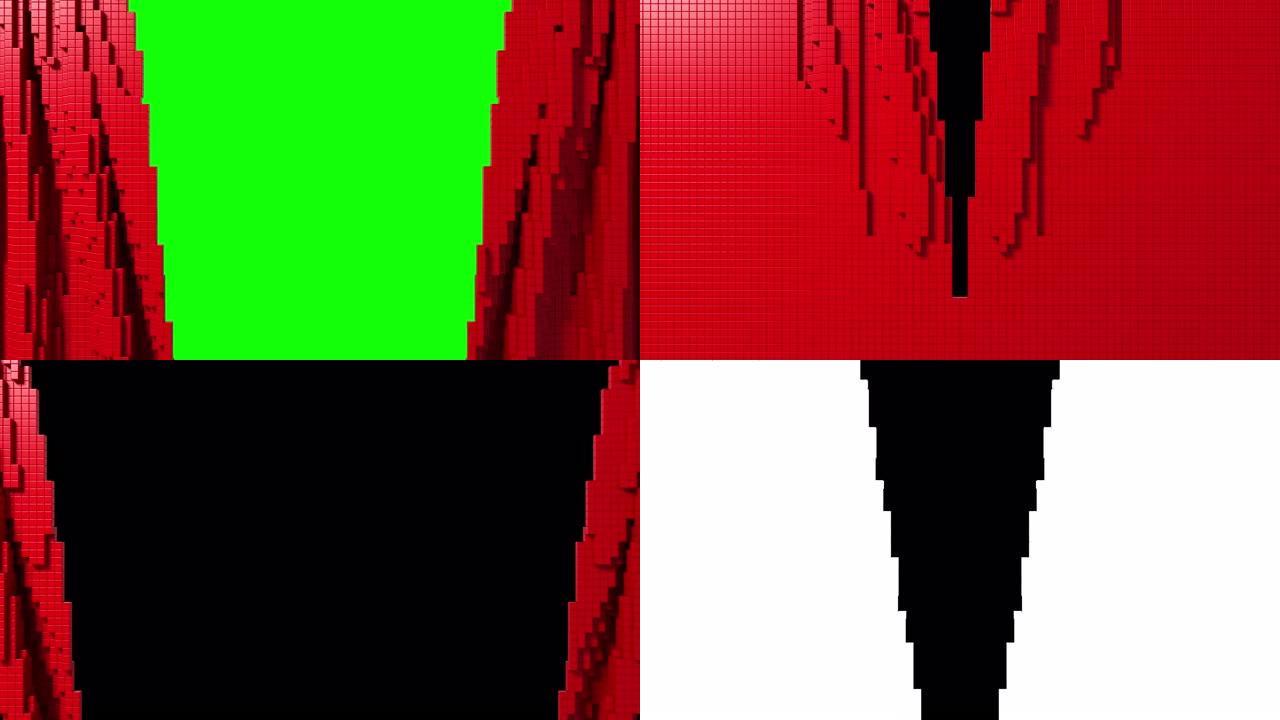绿色屏幕上3D像素打开的红色窗帘