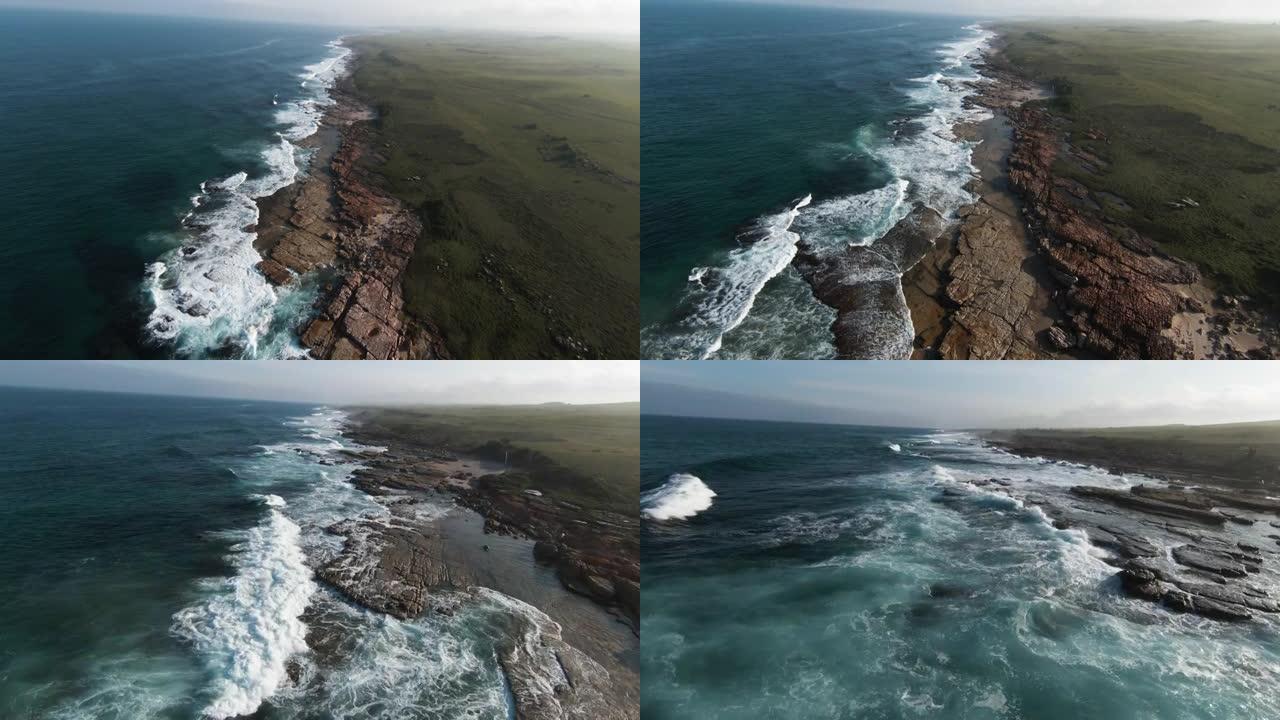 南非东开普省姆坎巴蒂自然保护区崎岖岩石海滩海岸线的鸟瞰图