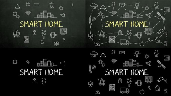 粉笔绘制 “智能家居” 和各种连接的物联网图标，4k动画。