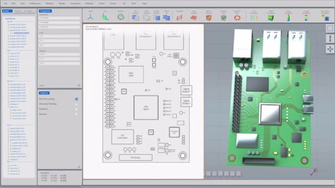 印刷电路板的3D VFX图形设计，计算机主板组件: 微芯片，CPU处理器，晶体管，半导体。电子设备内