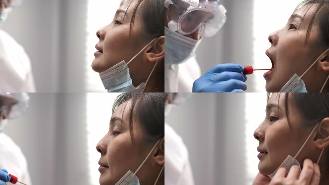 医生新型冠状病毒肺炎检查妇女的口腔疾病
