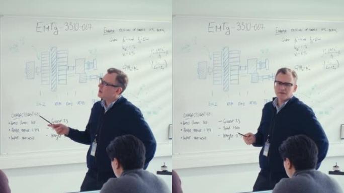 男老师在大学讲座课上向学生讲解工程学。他使用白板。各种各样的年轻工程师听关于程序开发的讲座。教育理念