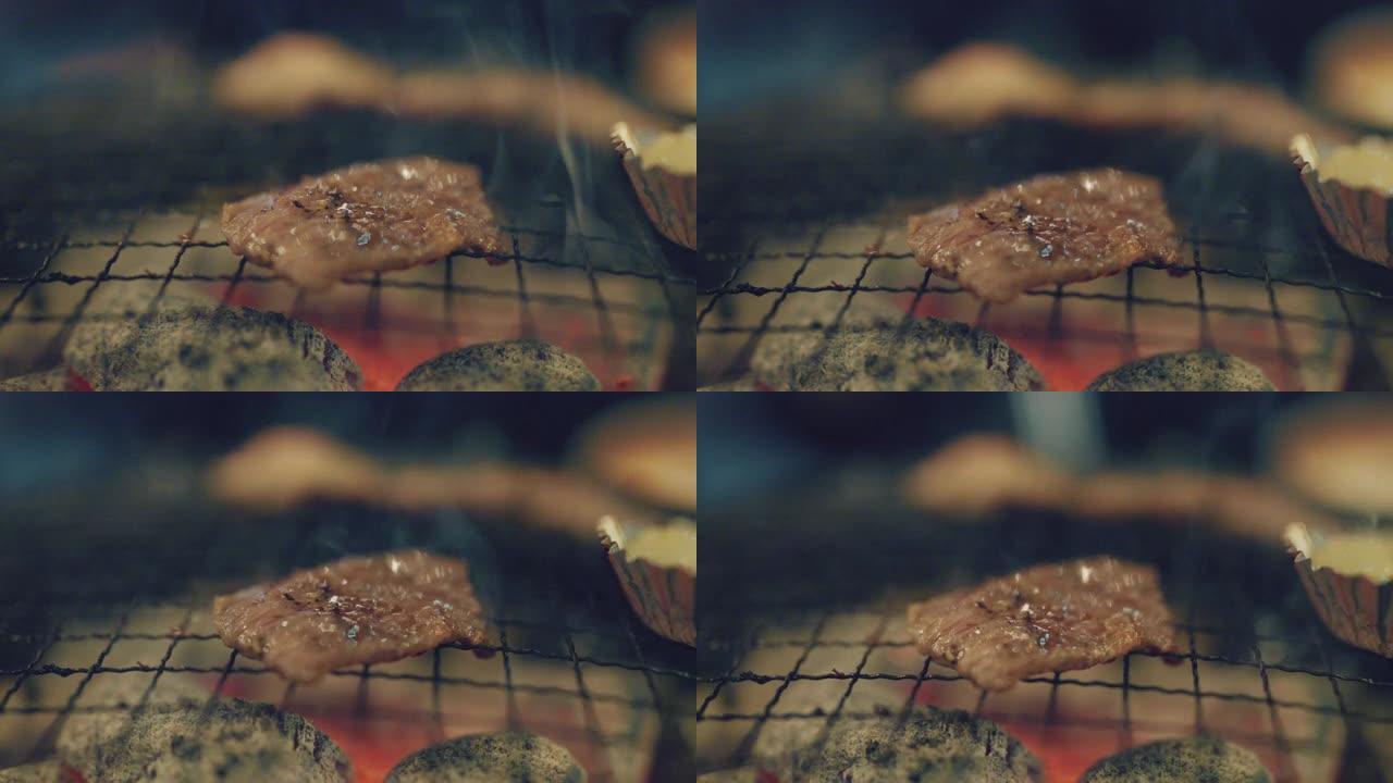 烤架上美味韩国烧烤的特写镜头。