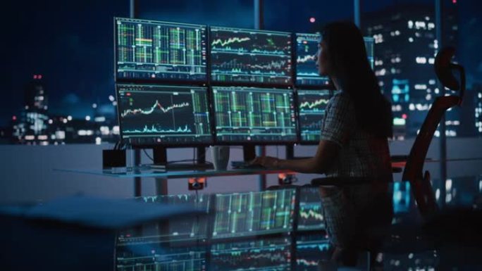 金融分析师在一台带有多显示器工作站的计算机上工作，该工作站具有实时股票，商品和交易所市场图表。女商人