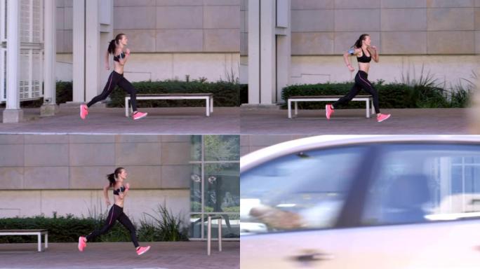 4k视频片段，一名年轻女子独自在城市慢跑