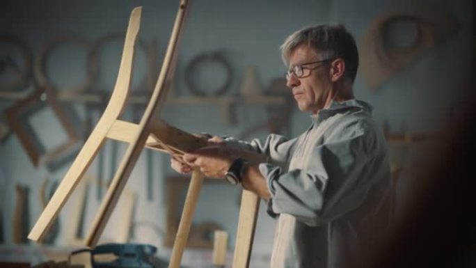 工匠家具设计师的肖像正在阅读蓝图并开始组装木椅的腿。时尚的木匠在阁楼空间的工作室工作，墙壁上有工具。