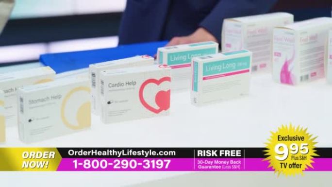电视商店产品信息广告: 专业人士提供带有保健医疗补充剂的包装盒。展示美容膳食维生素产品。播放电视商业
