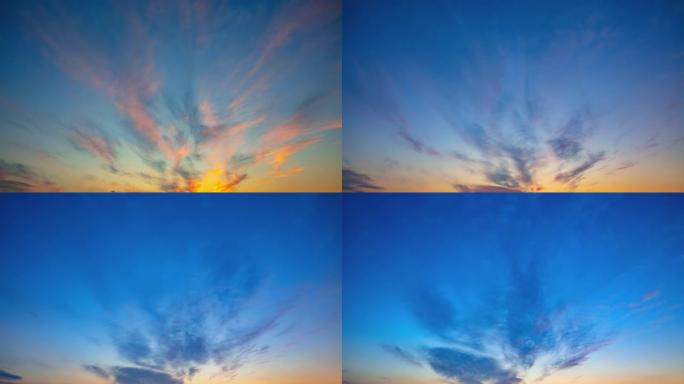 日出时带有圆形层云的延时天空，从后向前移动