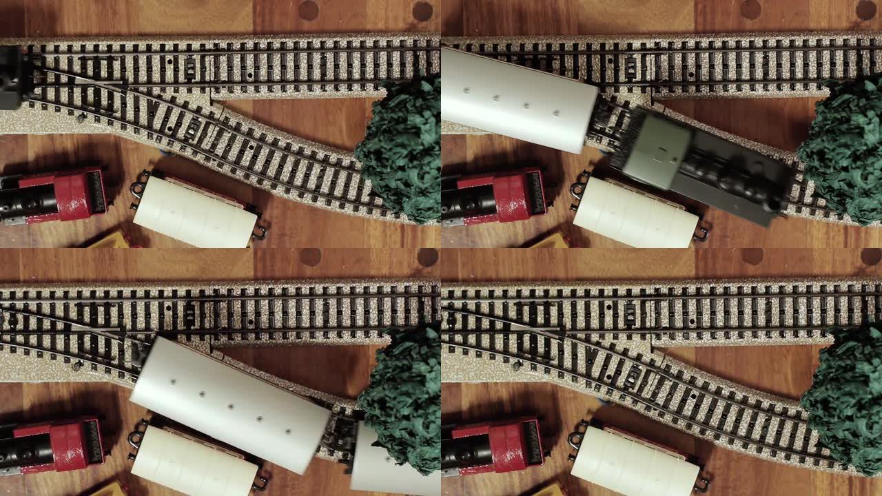 玩模型火车。顶视图。特写。4k分辨率。