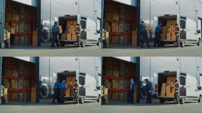 在物流零售商仓库外面，经理使用平板电脑，工人用纸板箱装载送货卡车。在线订单、采购、电子商务商品。宽静