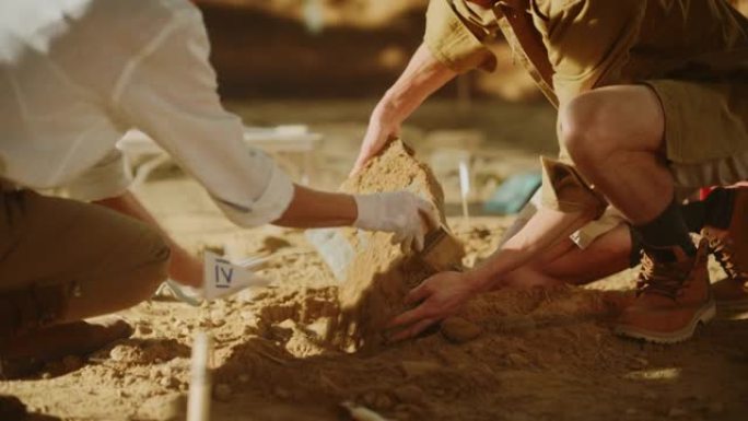 考古挖掘现场: 两位伟大的考古学家在挖掘现场工作，仔细清理，举起新发现的古代文明文化文物，历史陶片，