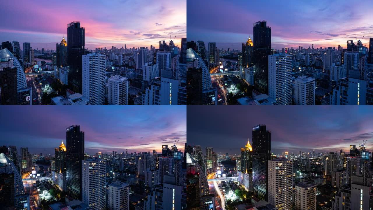 时光流逝，曼谷商业区中心的城市景观，早，日，夜。