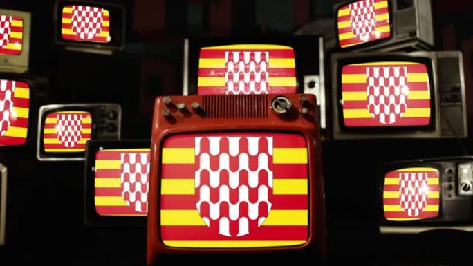西班牙赫罗纳国旗和老式电视。