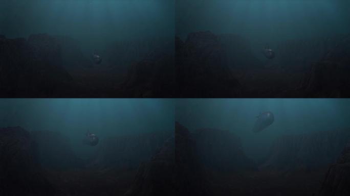 从水下峡谷上升的潜艇